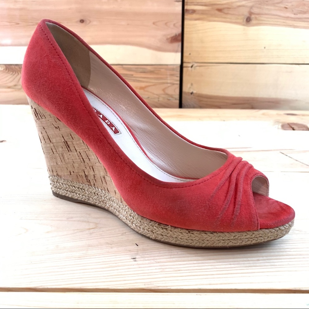 Prada Suede Open Toe Cork Wedge Pumps shoes 38 - Picture 2 of 16